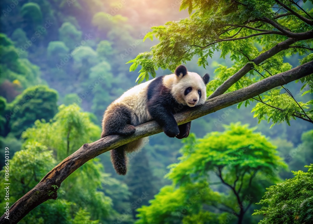 Obraz premium Dreamy Panda Bear Sleeping on Tree Branch in Chinese Nature Reserve - Aerial Drone Photography of Wildlife in Natural Habitat, Capturing Serenity and Beauty of Endangered Species