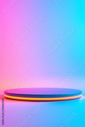 Podium on gradient pink and blue background. 3D render style. Product display concept. Design for banner, poster and background with copy space.