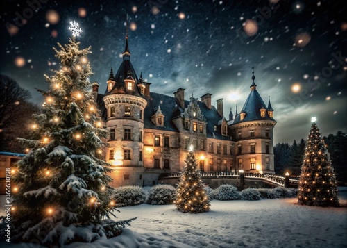 Dreamy Winter Wonderland: European Chateau Adorned for the Holidays with Snowy Landscape and Bokeh Lights at Night