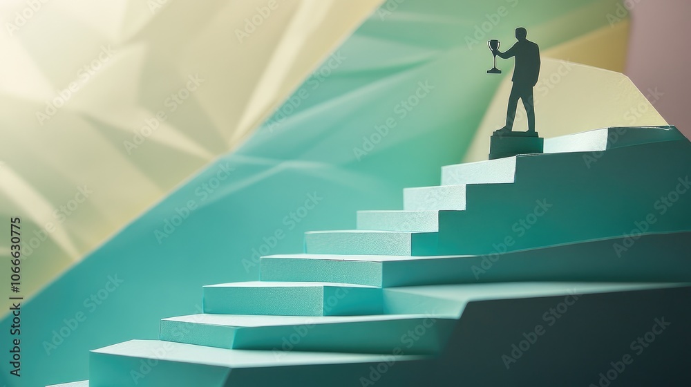 Paper cut-out human figure scaling stairs to reach a trophy, representing ambition and professional accomplishment Paper cut-out human figure scaling stairs to reach a trophy, representing ambition and professional accomplishment