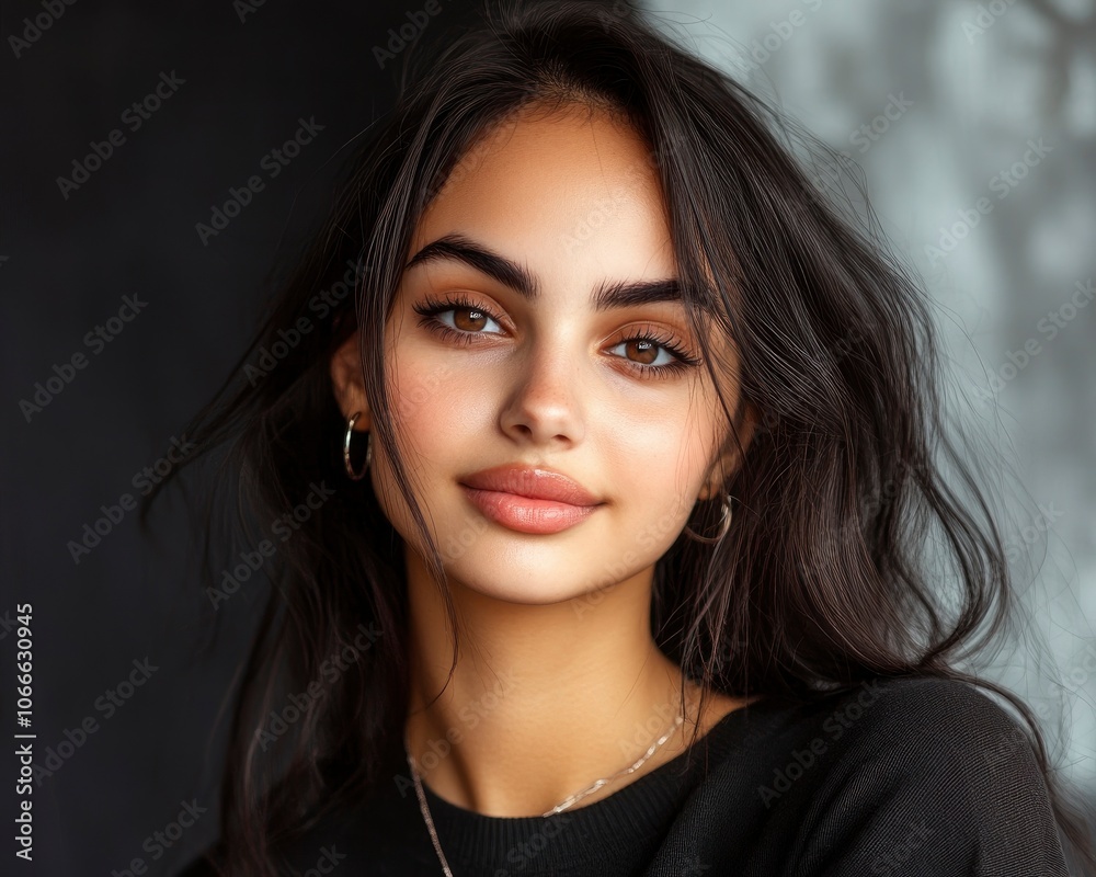 Portrait of a young woman with long dark hair and brown eyes, smiling softly. Portrait of a young woman with long dark hair and brown eyes, smiling softly.