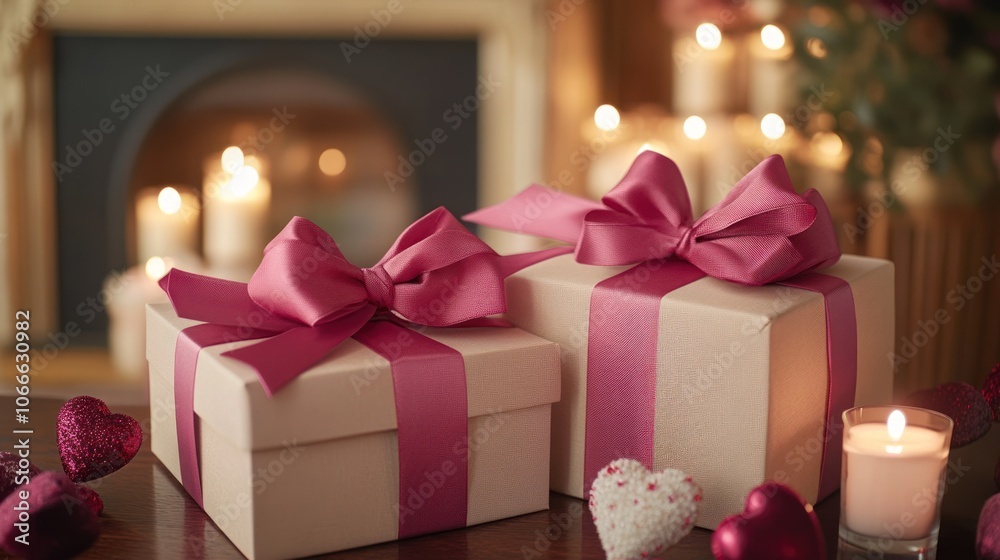 Two gift boxes tied with pink and red bows for Valentine's Day sit on a table decorated with candles. Two gift boxes tied with pink and red bows for Valentine's Day sit on a table decorated with candles.