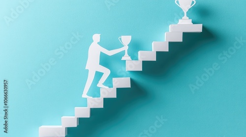 Paper cut-out human figure scaling stairs to reach a trophy, representing ambition and professional accomplishment