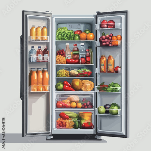 Refrigerator full of fresh fruits and vegetables, healthy food concept 
