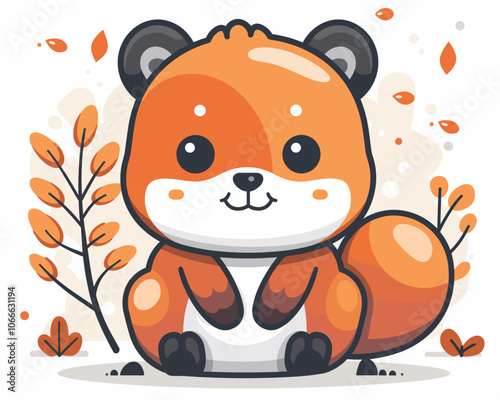 Cute cartoon animal, a small brown and orange fox, is sitting on the ground