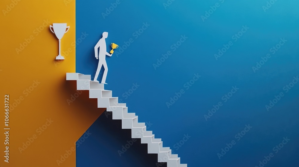 Paper cut-out man climbing stairs with a trophy at the top, symbolizing career milestones and business triumph Paper cut-out man climbing stairs with a trophy at the top, symbolizing career milestones and business triumph