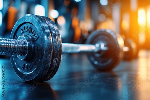 A gleaming, modern dumbbell set against a polished gym floor, representing contemporary fitness culture, sleek design, and the pursuit of physical excellence.