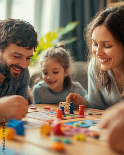 Happy family playing a board game together at home.
