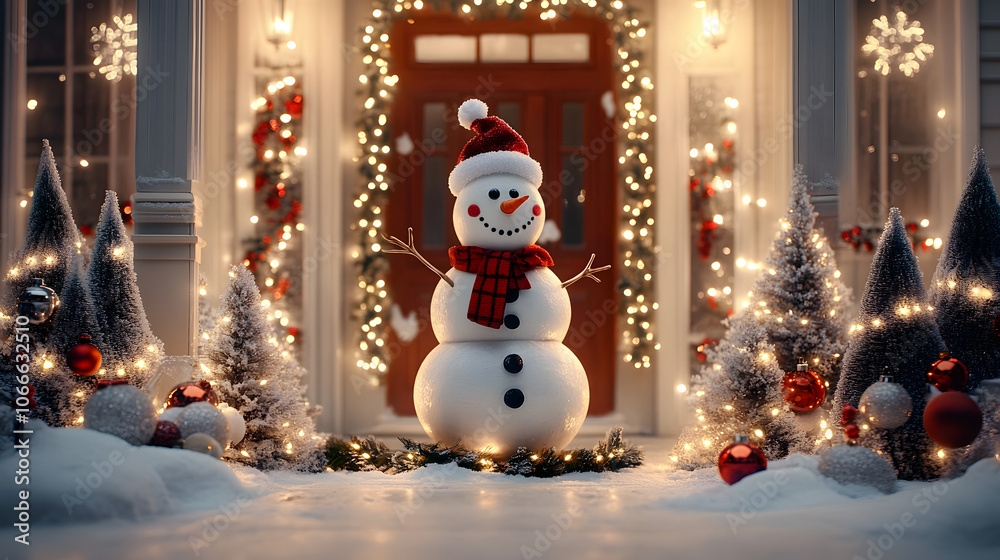A Snowman Standing in Front of a Door Decorated with Christmas Wreath and Garland, Creating a Festive Winter Scene
A Snowman Standing in Front of a Door Decorated with Christmas Wreath and Garland, Creating a Festive Winter Scene