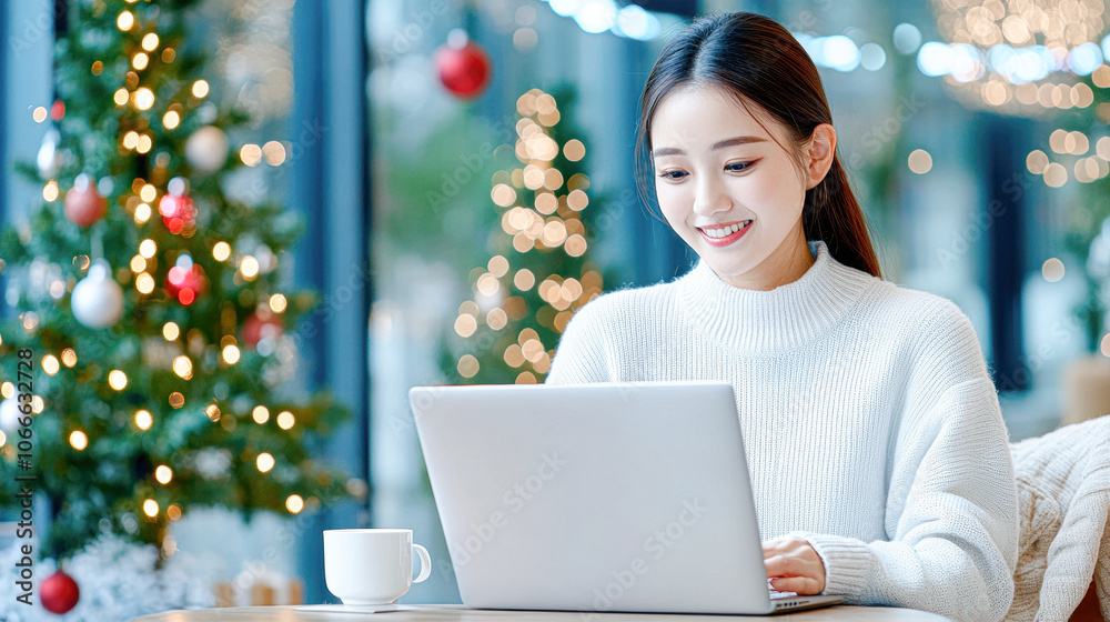 A woman is sitting at a table with a laptop and a cup of coffee A woman is sitting at a table with a laptop and a cup of coffee