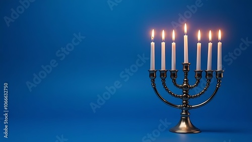 Blue candlestick with candles, blue background, Hanukkah  photo