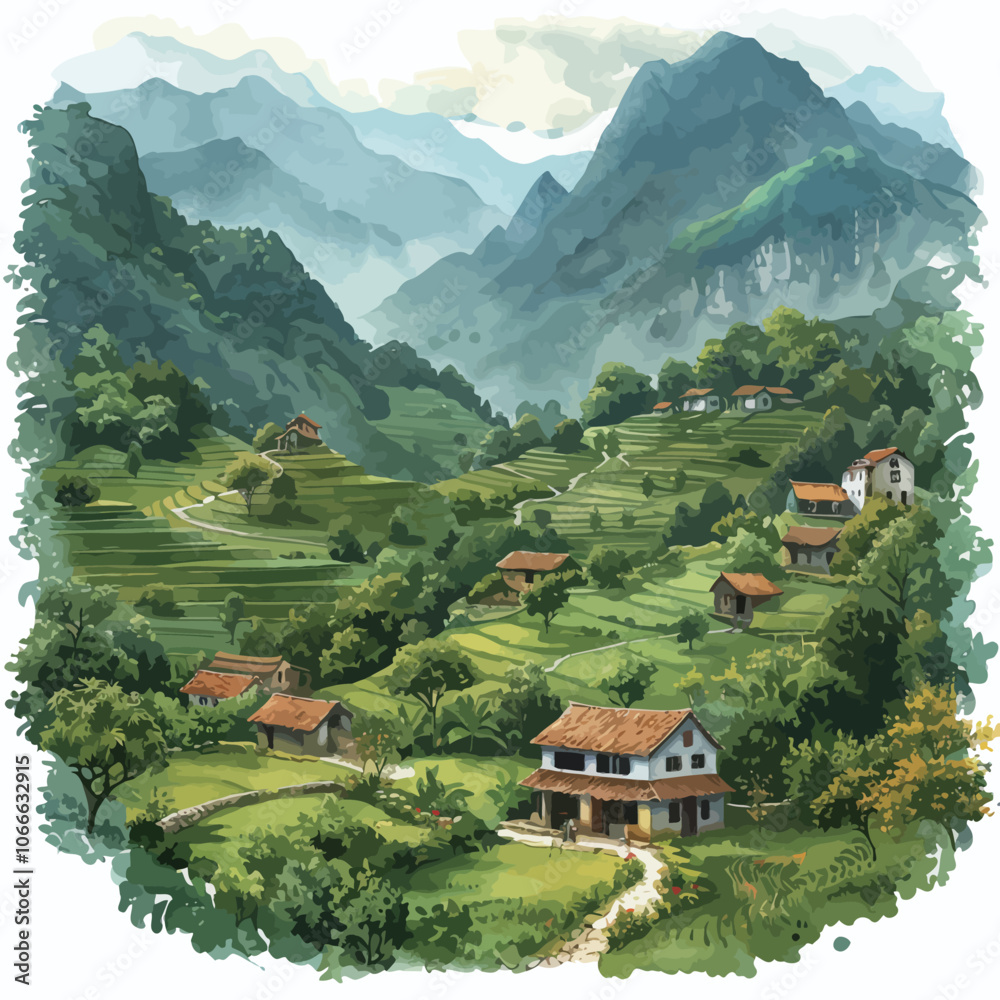 Obraz premium Rice terraces in the mountains. Vintage painting, vector illustration.