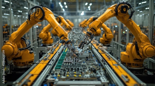 Close-up of robots assembling electronics components on an automated production line in an industrial factory