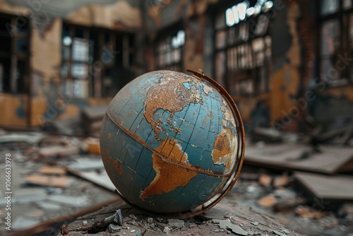 A globe sitting on top of a pile of rubble, possibly after a natural disaster or war photo