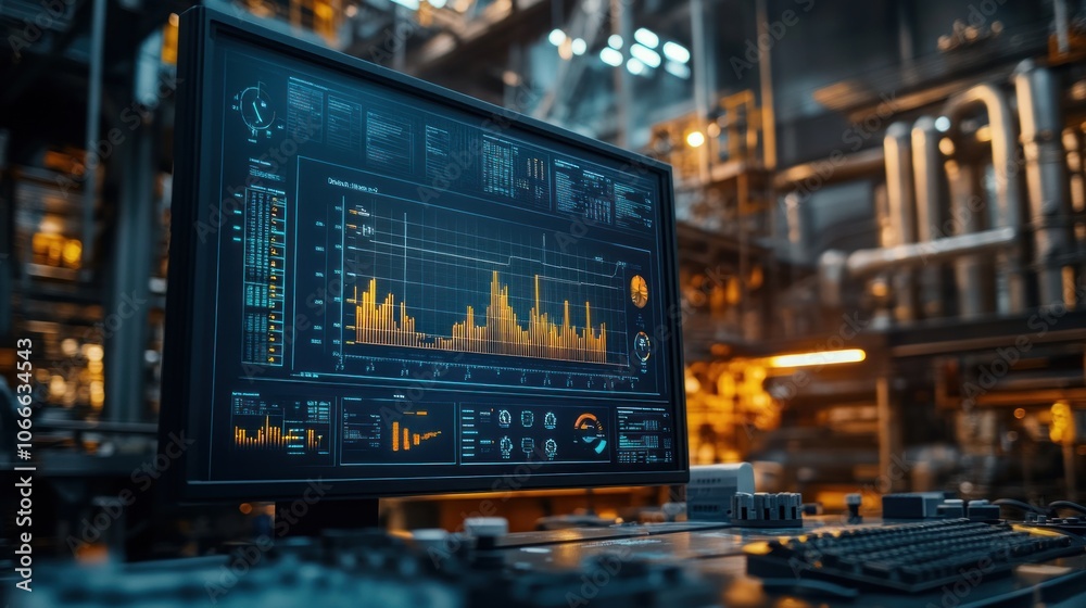 A display showing graphs and alerts predicting maintenance of machinery in an industrial plant A display showing graphs and alerts predicting maintenance of machinery in an industrial plant