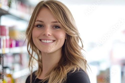 A woman stands in front of a store shelf, browsing products