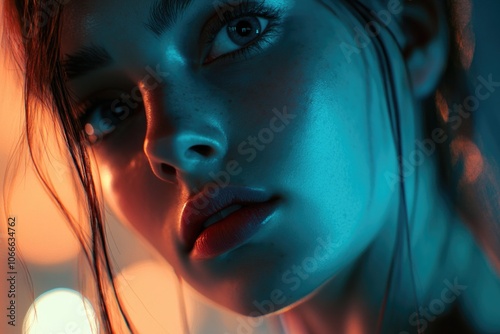 Close-up shot of a woman's face, blurry background photo