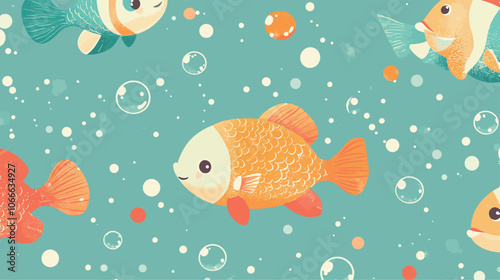 Seamless pattern with cute fishes and bubbles. Vector illustration. 