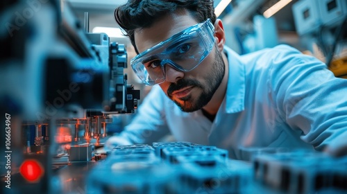 Additive manufacturing expert inspects large 3D printer in industrial plant