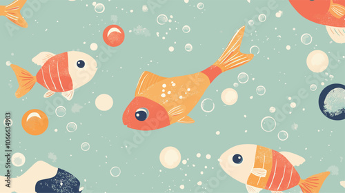Seamless pattern with fishes and bubbles. Vector illustration in retro style. 