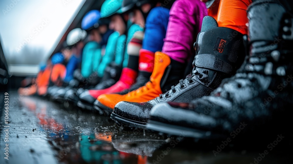 Obraz premium A close-up of various vibrant racing boots reveals their unique styles as they cross a glistening wet surface, reflecting diversity, energy, and anticipation in sport.