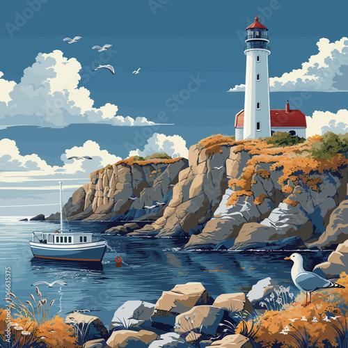 Seascape with lighthouse and seagulls, vector illustration 