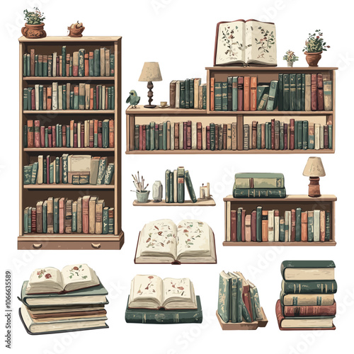Set of bookshelves with books and decorations. Vector illustration. 