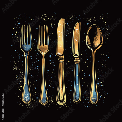 Set of golden cutlery on a black background. Vector illustration 
