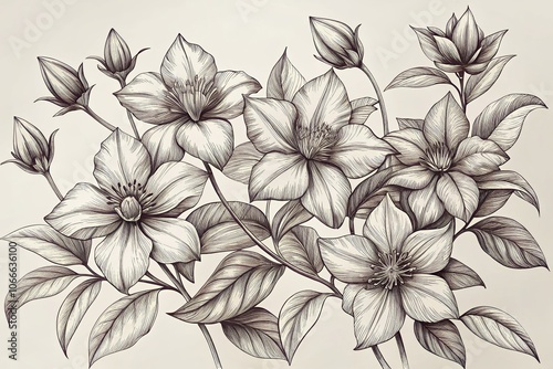 Wallpaper Mural Elegant Hand-Drawn Line Art of Blooming Clematis Flowers for Design Projects and Illustrations Torontodigital.ca