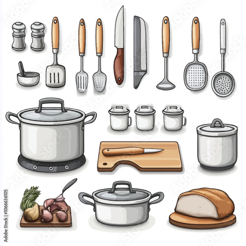Set of kitchen utensils on white background. Vector illustration. 