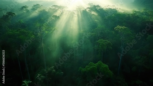 Sunlight breaks through lush green tropical foliage.