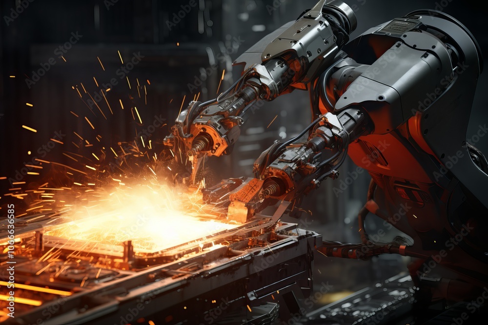 Robotic arms maneuver molten metal in a high-tech manufacturing facility at night Robotic arms maneuver molten metal in a high-tech manufacturing facility at night