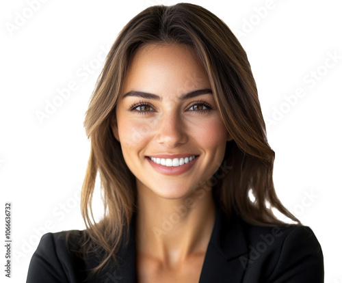 Portrait of a smiling young woman in business attire, showcasing confidence and professionalism, isolated on a transparent background.