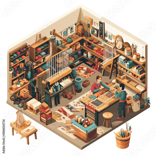 Sewing workshop isometric composition with man working in sewing workshop with tools and accessories vector illustration 