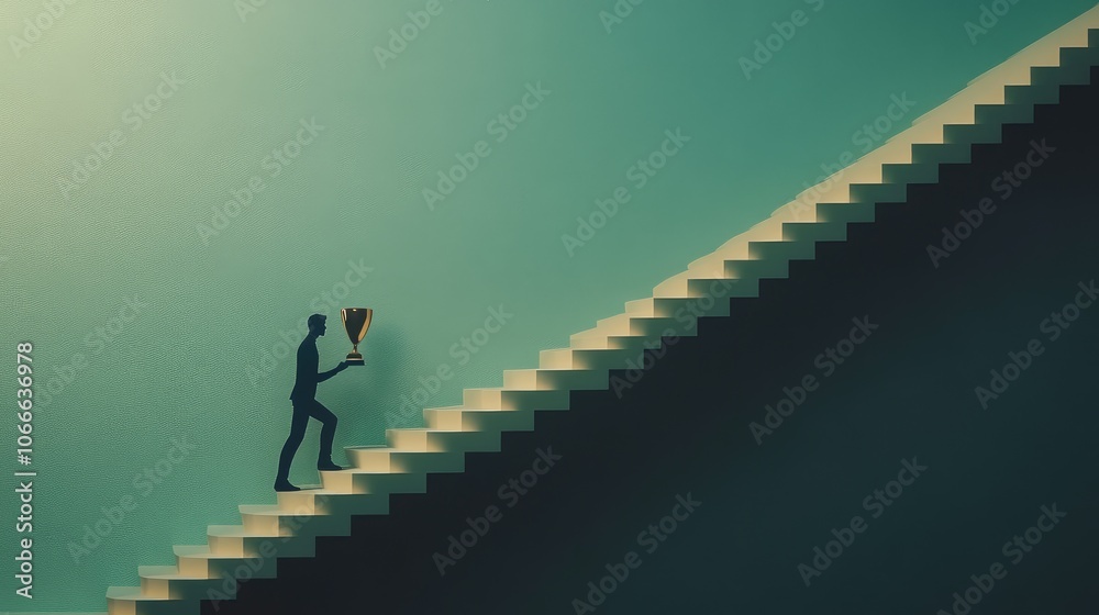 Paper man scaling a staircase with a trophy at the top, symbolizing dedication, achievement, and business triumph