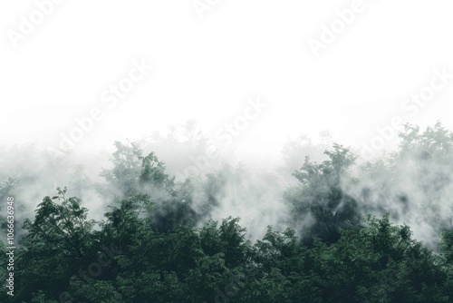 Aerial view of a plane flying above a dense forest shrouded in misty fog, suitable for travel or landscape backgrounds