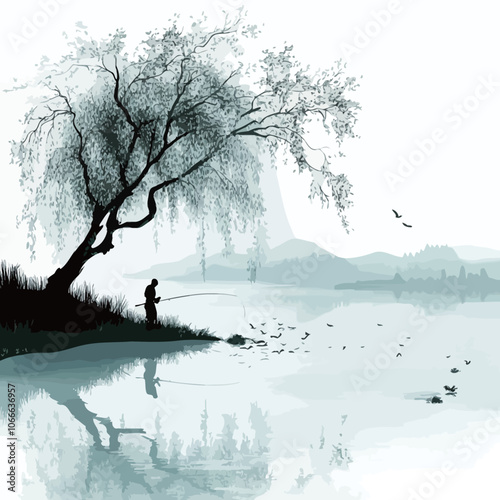 Silhouette of a man fishing on a lake in the spring 