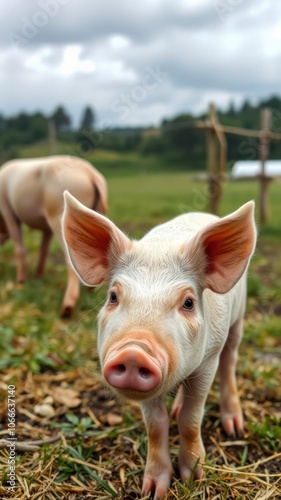 A young piglet stands in a field of green grass and straw, looking directly at the camera with its large, pink nose