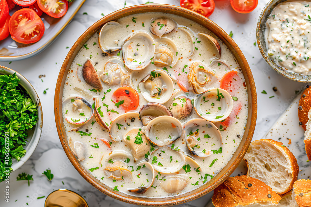 Bowl of creamy new england clam chowder soup surrounded by bread and ingredients Bowl of creamy new england clam chowder soup surrounded by bread and ingredients