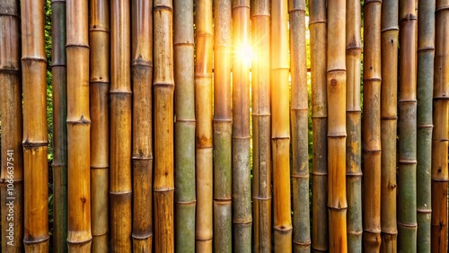 Sunlight filters through a dense wall of weathered bamboo stalks, creating a mesmerizing play of light and shadow.