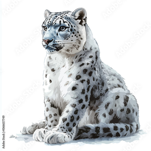 Snow leopard sitting isolated on white background. 3D illustration. 