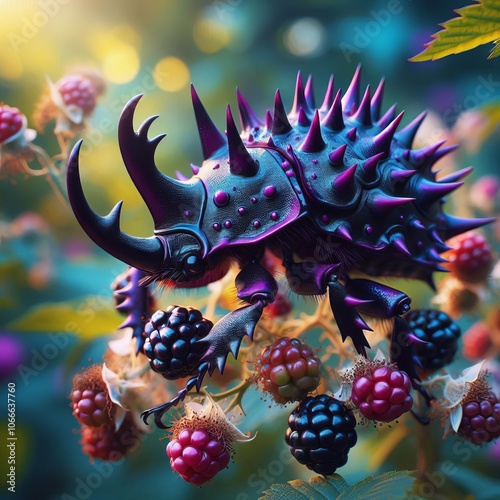 Blackberry Brawler Spiky and dark purple defending its blackberr photo