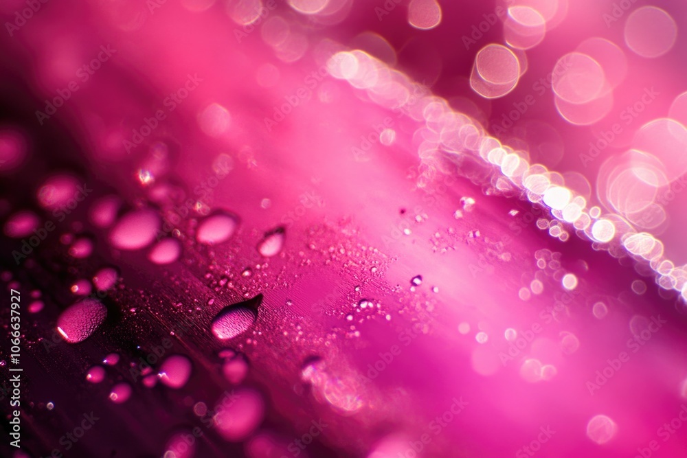 Close-up shot of water droplets on a pink surface, ideal for use in beauty, cosmetic or scientific illustrations Close-up shot of water droplets on a pink surface, ideal for use in beauty, cosmetic or scientific illustrations