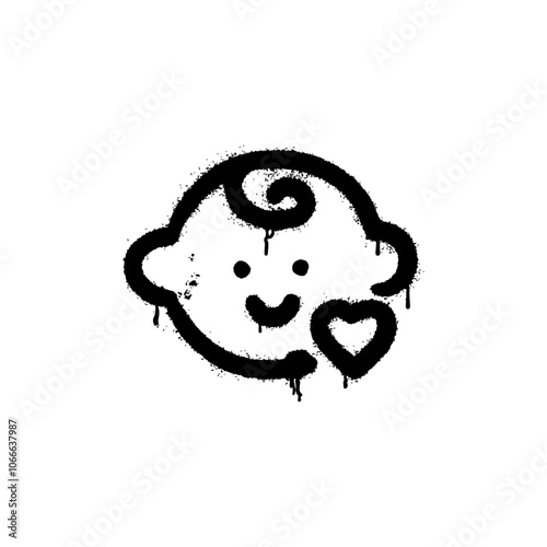 Cute baby face with black spray paint with heart made in graffiti style