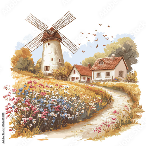 Spring rural landscape with windmill, flowers and houses. Vector illustration.