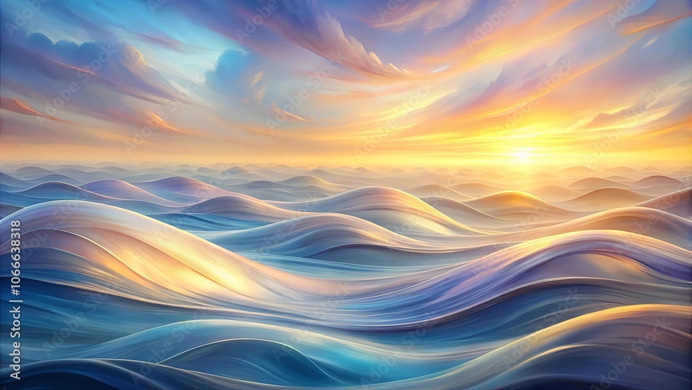Golden Light Bathes a Sea of Swirling Abstract Waves Under a Sky of Soft Colors Golden Light Bathes a Sea of Swirling Abstract Waves Under a Sky of Soft Colors