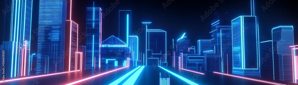 Business goals in a futuristic hologram, intense blue lighting, sharp neon contrasts, modern and sleek visuals