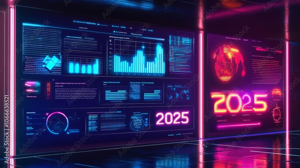 Business plan document with holographic charts, futuristic interface, neon lighting, 2025 goals highlighted, digital art style Business plan document with holographic charts, futuristic interface, neon lighting, 2025 goals highlighted, digital art style