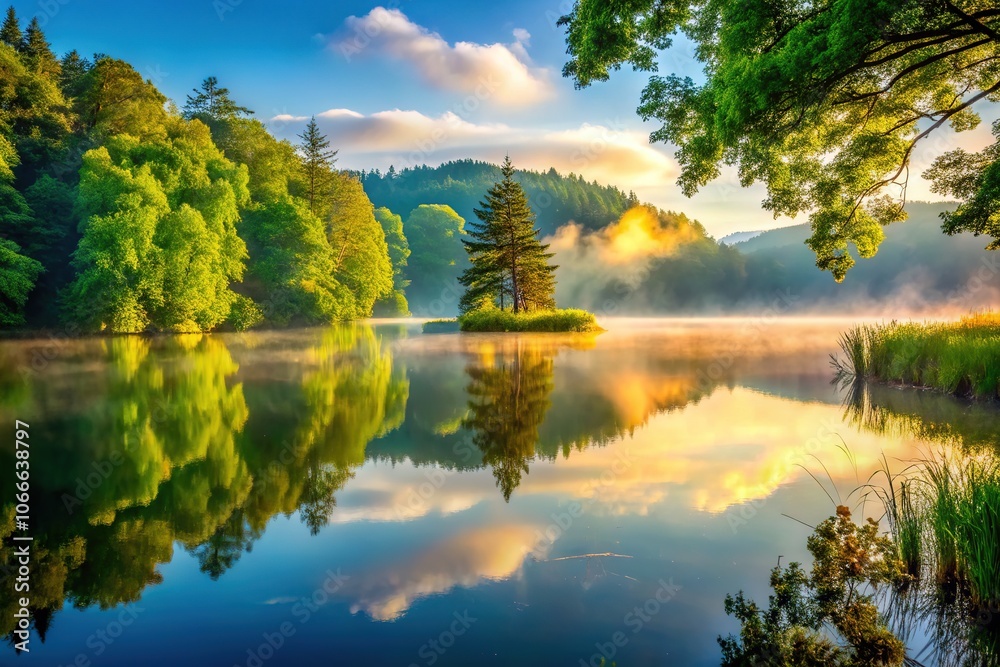 Obraz premium Serene mist shrouds the tranquil lake, a picture of peace.