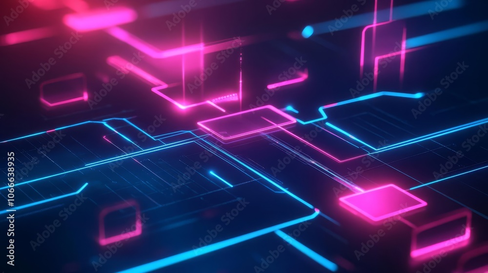 Digital flowchart for 2025 innovation, bright neon holograms, deep blue and pink tones, futuristic aesthetics Digital flowchart for 2025 innovation, bright neon holograms, deep blue and pink tones, futuristic aesthetics